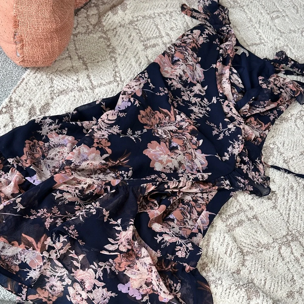 Chelsea28 Floral Ruffle Wrap Midi Dress Navy Romantic Cottagecore